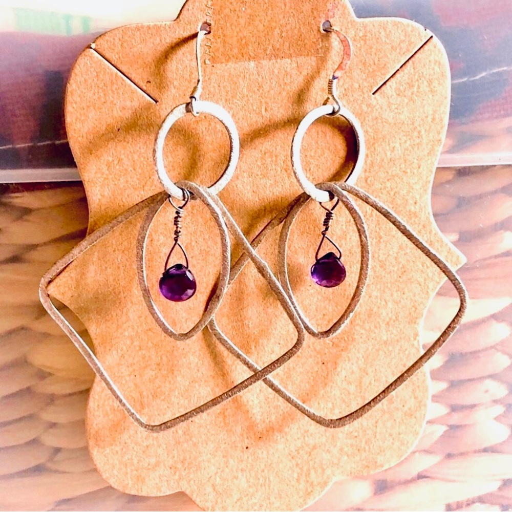 Hand Crafted Amethyst & 925 Sterling Silver Geometric Shapes Drop Earrings
